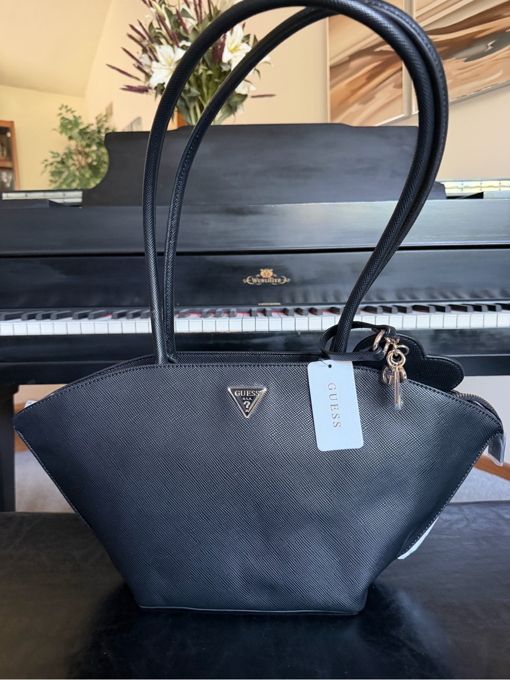 G by Guess Black Saffiano Shoulder Tote with Key Charm